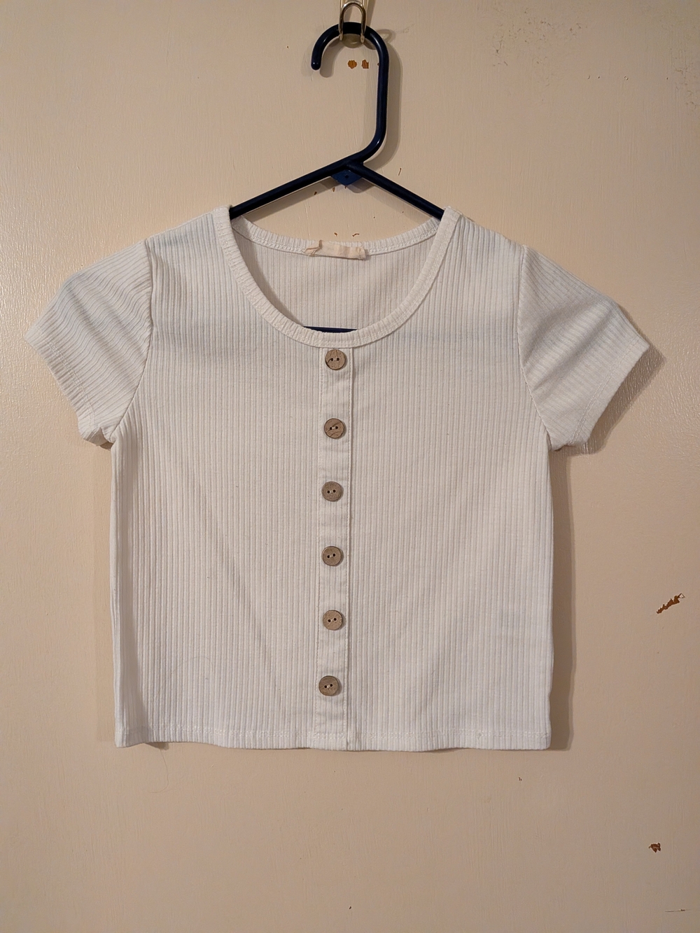 Beautees White Ribbed Button-Front Short Sleeve Tee